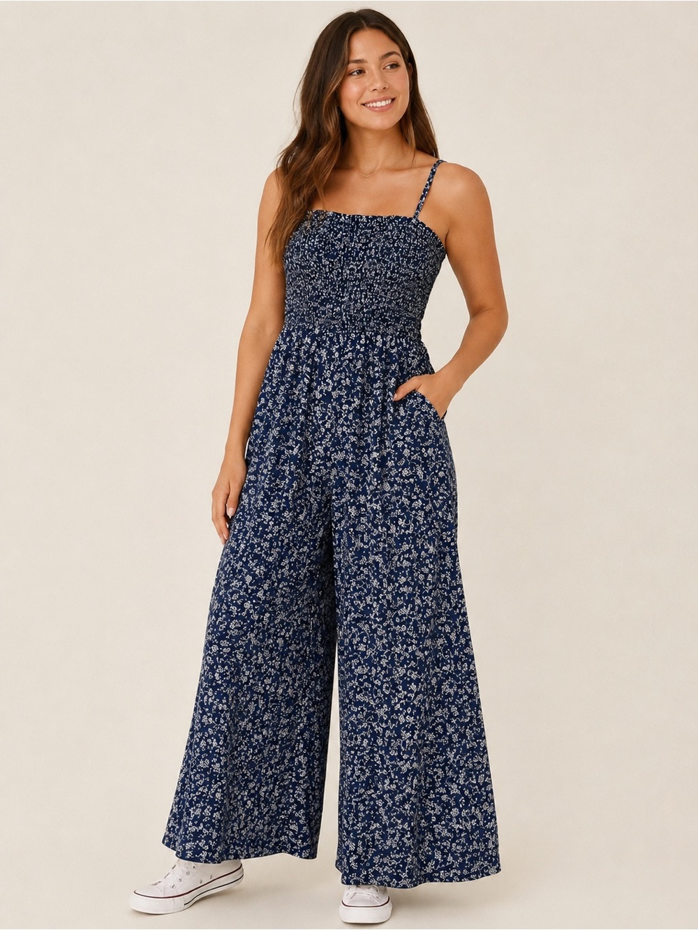 American Eagle Navy Blue Floral Smocked Wide-Leg Jumpsuit Romper – Size Large